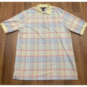 Lands' End Polo Mens Large Pastel Plaid Made In USA Short Sleeve